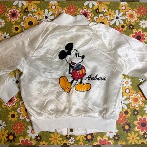 Kid's Vintage 1980s Chalk Line Mickey Mouse White Satin Bomber Jacket Size 5